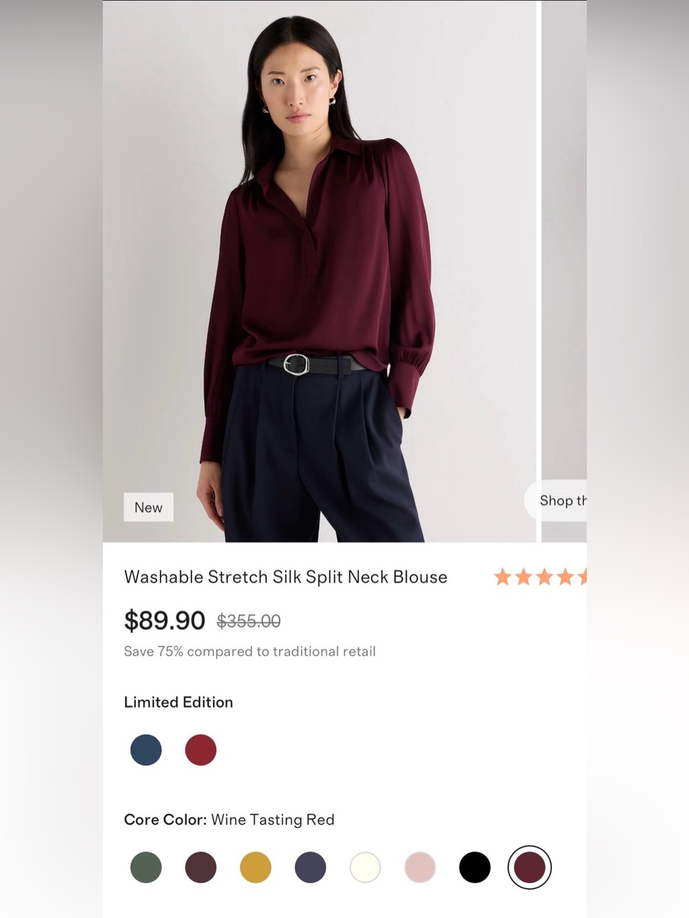 NWT Quince Washable Stretch Silk Split Neck Blouse in Wine Tasting Red in Large